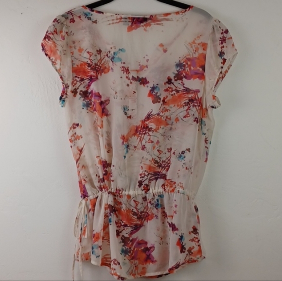 a.n.a. Sheer White Floral Drawstring-Waist Dainty Romantic Cap Sleeve Blouse (M) - Picture 6 of 11